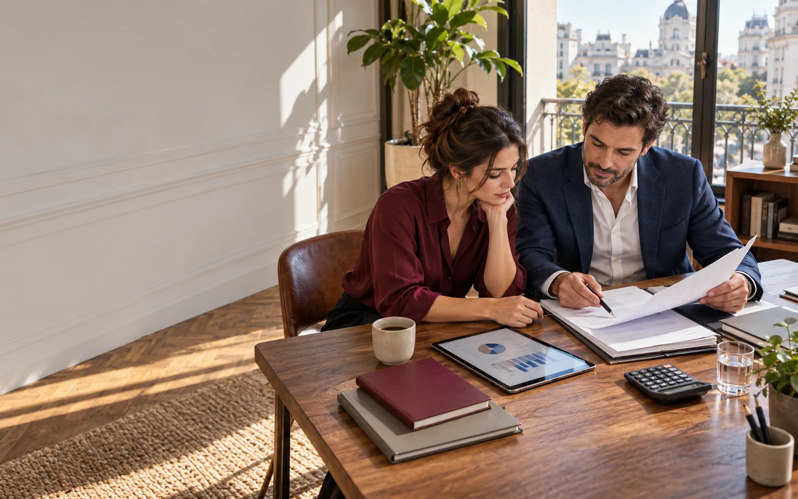 Una profesional y un responsable de empresa revisan juntos un expediente contable en una oficina argentina